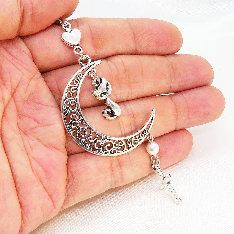 アンティークシルバー 猫とアラベスク調透かし入りの三日月のネックレス スワロフスキーパール ロザリオ ハート 長さ調整可 SV925可