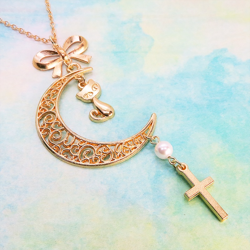 マットゴールド 猫とアラベスク調透かし入りの三日月のネックレス スワロフスキーパール ロザリオ リボン 長さ調整可