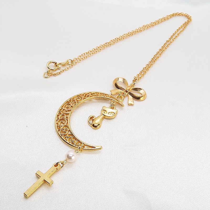 マットゴールド 猫とアラベスク調透かし入りの三日月のネックレス スワロフスキーパール ロザリオ リボン 長さ調整可