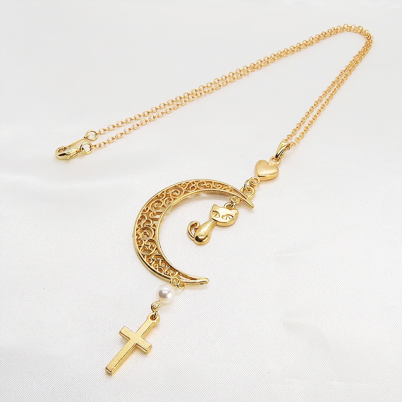 マットゴールド 猫とアラベスク調透かし入りの三日月のネックレス スワロフスキーパール ロザリオ ハート 長さ調整可