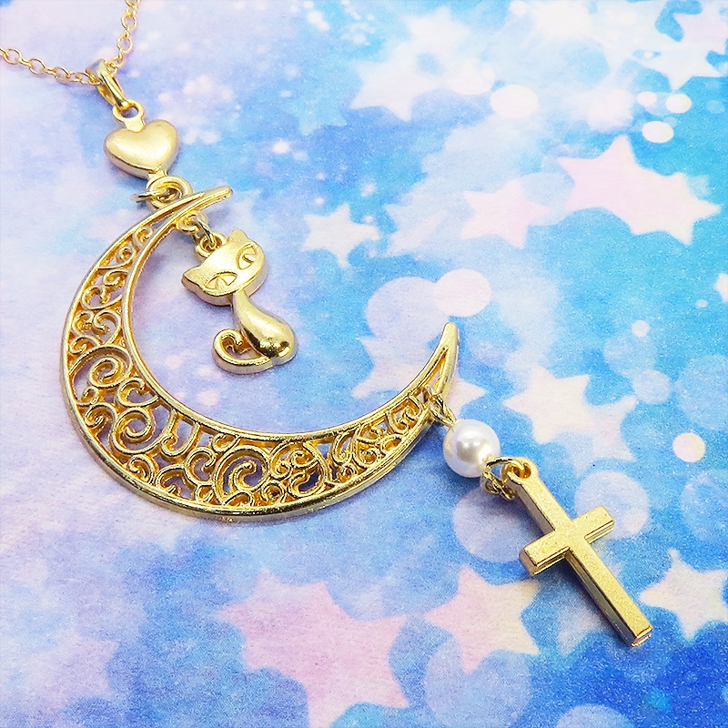 マットゴールド 猫とアラベスク調透かし入りの三日月のネックレス スワロフスキーパール ロザリオ ハート 長さ調整可