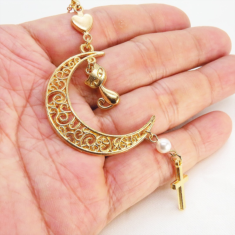 マットゴールド 猫とアラベスク調透かし入りの三日月のネックレス スワロフスキーパール ロザリオ ハート 長さ調整可