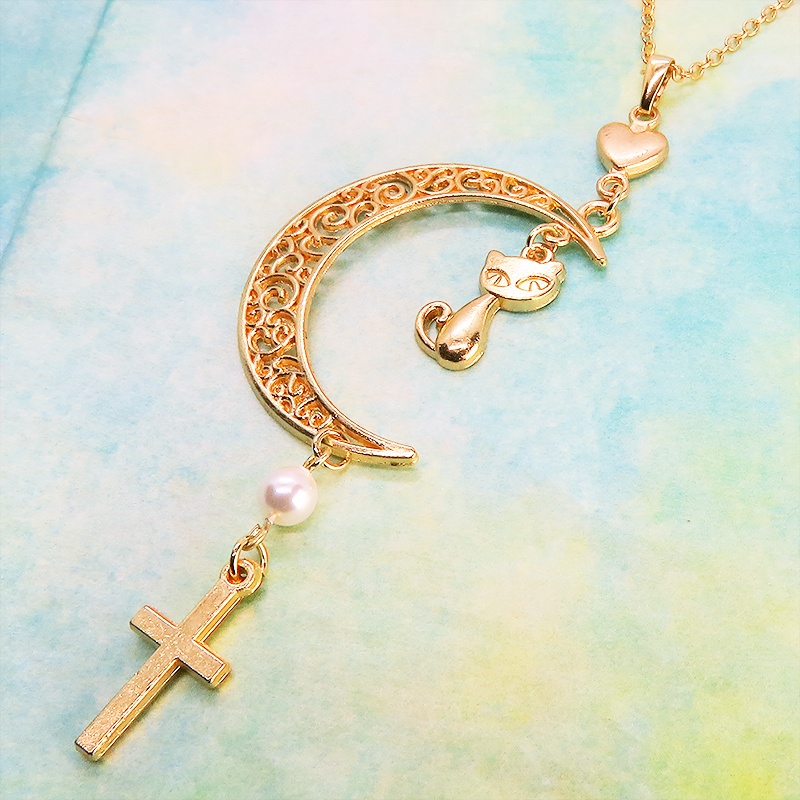 マットゴールド 猫とアラベスク調透かし入りの三日月のネックレス スワロフスキーパール ロザリオ ハート 長さ調整可