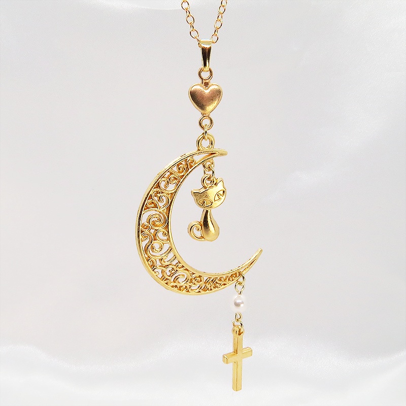 マットゴールド 猫とアラベスク調透かし入りの三日月のネックレス スワロフスキーパール ロザリオ ハート 長さ調整可