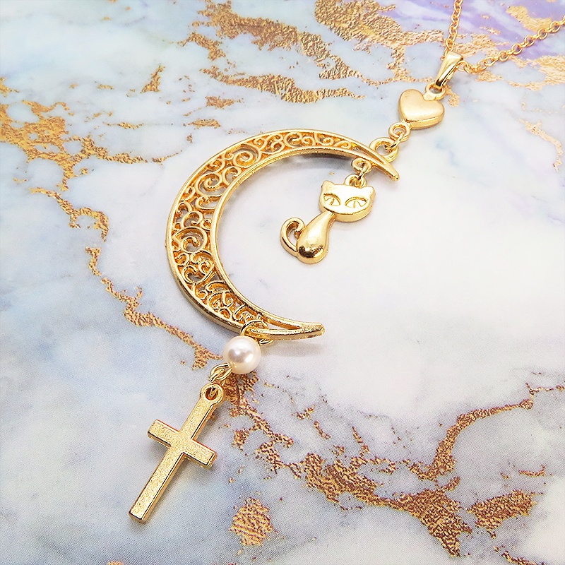 マットゴールド 猫とアラベスク調透かし入りの三日月のネックレス スワロフスキーパール ロザリオ ハート 長さ調整可