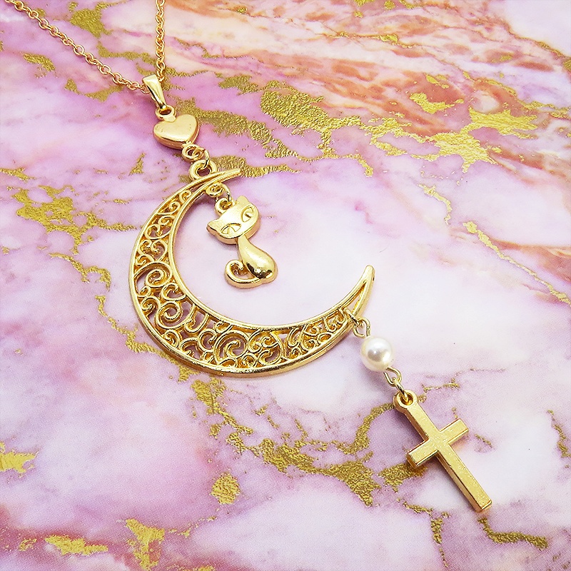 マットゴールド 猫とアラベスク調透かし入りの三日月のネックレス スワロフスキーパール ロザリオ ハート 長さ調整可