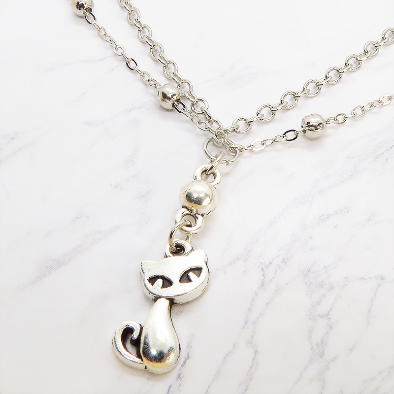 シルバーカラーの猫のダブルチェーンブレスレット 繊細