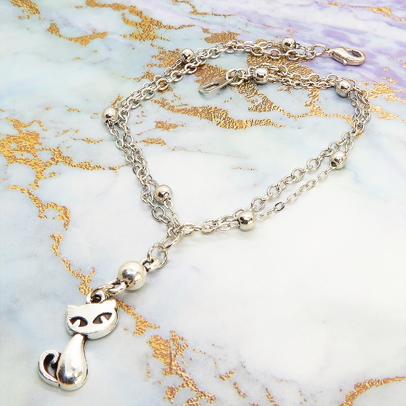 シルバーカラーの猫のダブルチェーンブレスレット 繊細