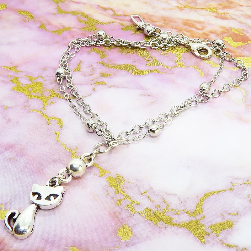 シルバーカラーの猫のダブルチェーンブレスレット 繊細