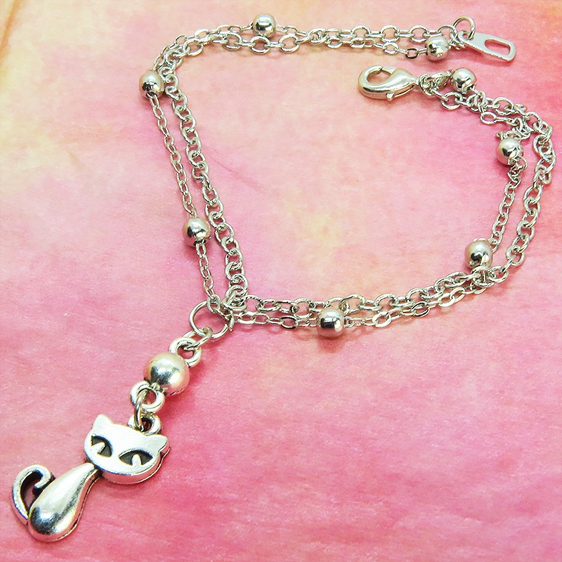 シルバーカラーの猫のダブルチェーンブレスレット 繊細