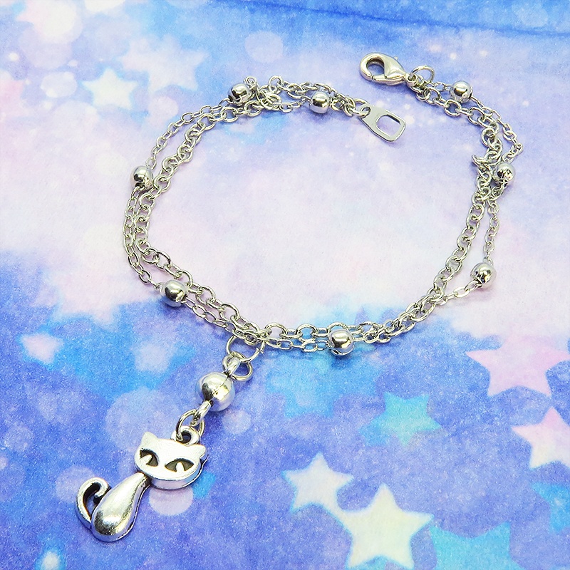 シルバーカラーの猫のダブルチェーンブレスレット 繊細