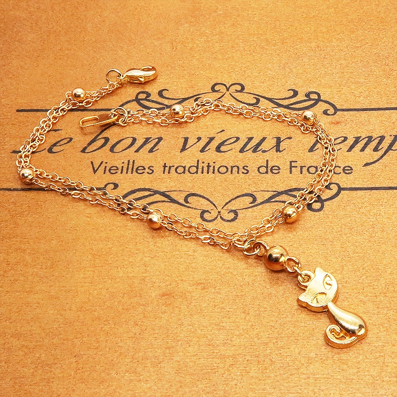 マットゴールドの猫のダブルチェーンブレスレット 繊細