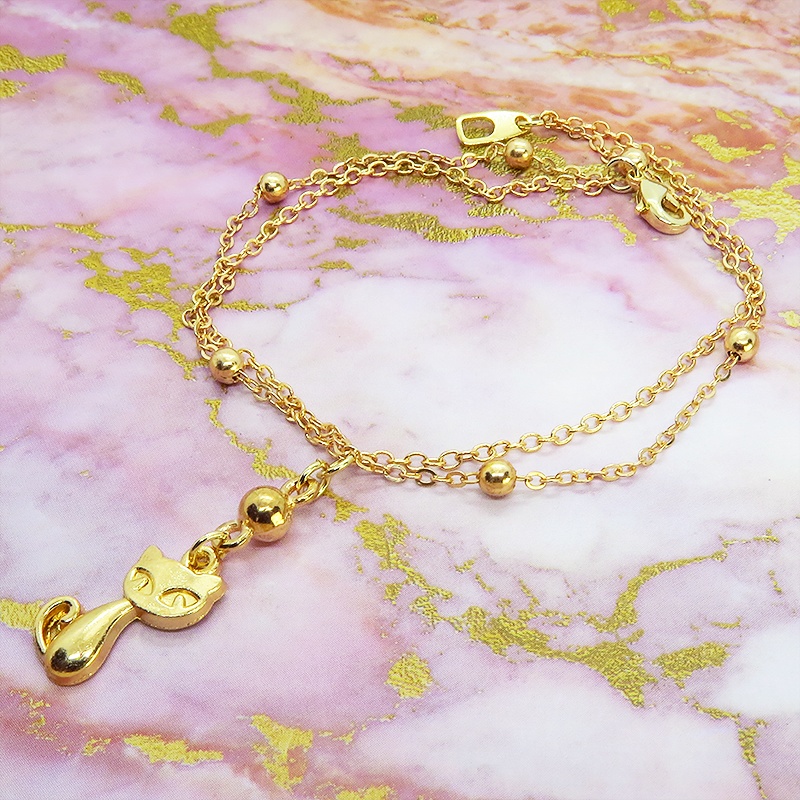 マットゴールドの猫のダブルチェーンブレスレット 繊細