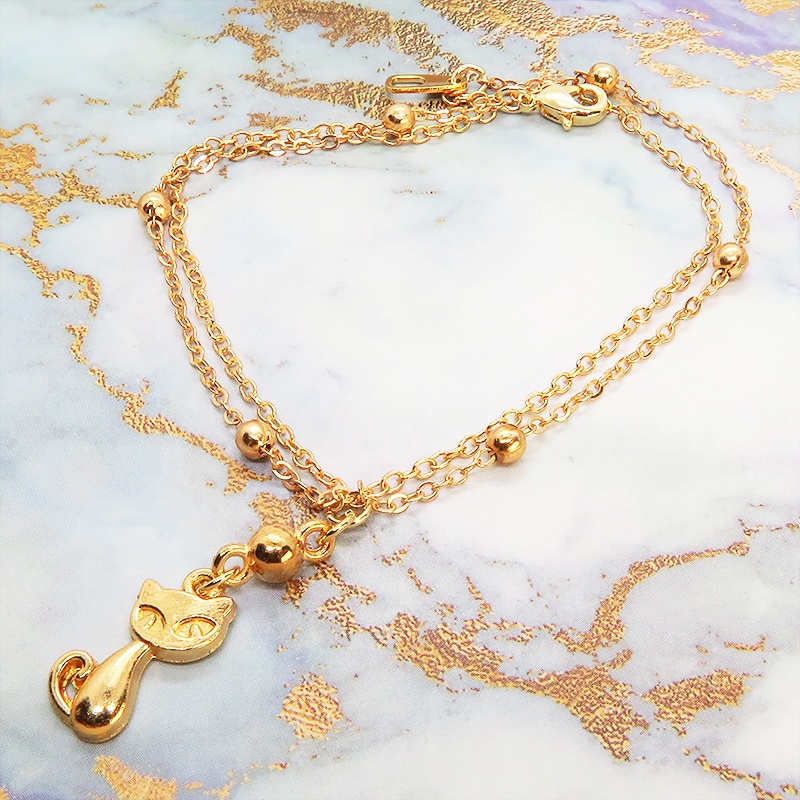 マットゴールドの猫のダブルチェーンブレスレット 繊細
