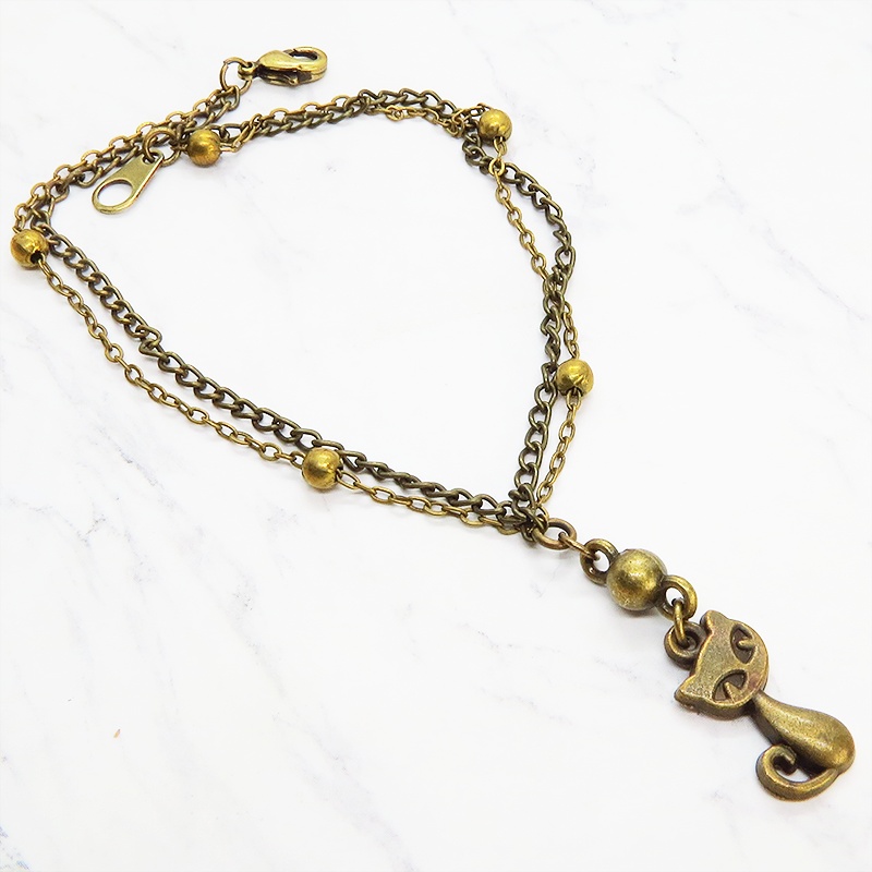 アンティークカラーの猫のダブルチェーンブレスレット 繊細