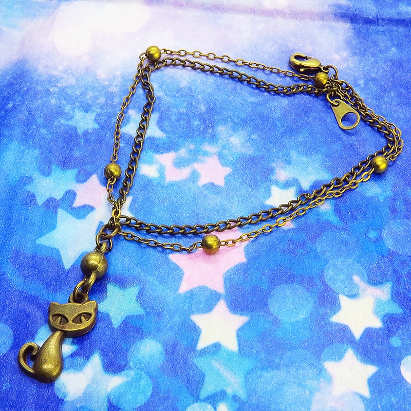 アンティークカラーの猫のダブルチェーンブレスレット 繊細