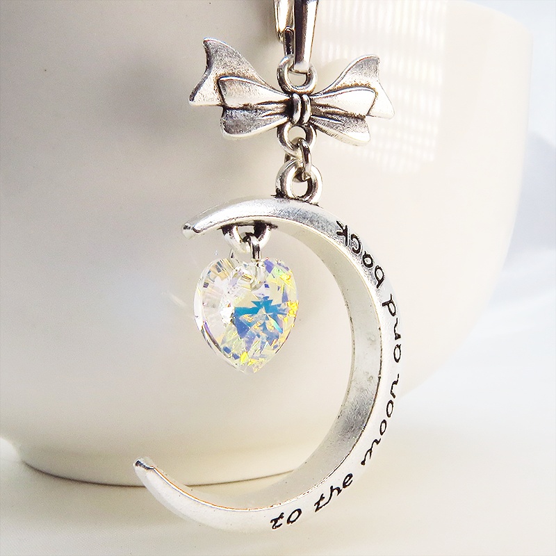 アンティークシルバー 三日月とハートのペンダントネックレス スワロフスキー(クリスタルオーロラ) 長さ調整可