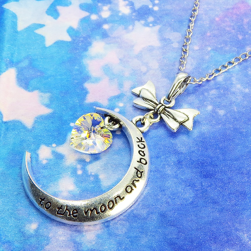 アンティークシルバー 三日月とハートのペンダントネックレス スワロフスキー(クリスタルオーロラ) 長さ調整可