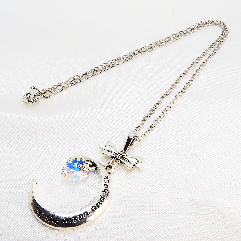 アンティークシルバー 三日月とハートのペンダントネックレス スワロフスキー(クリスタルオーロラ) 長さ調整可
