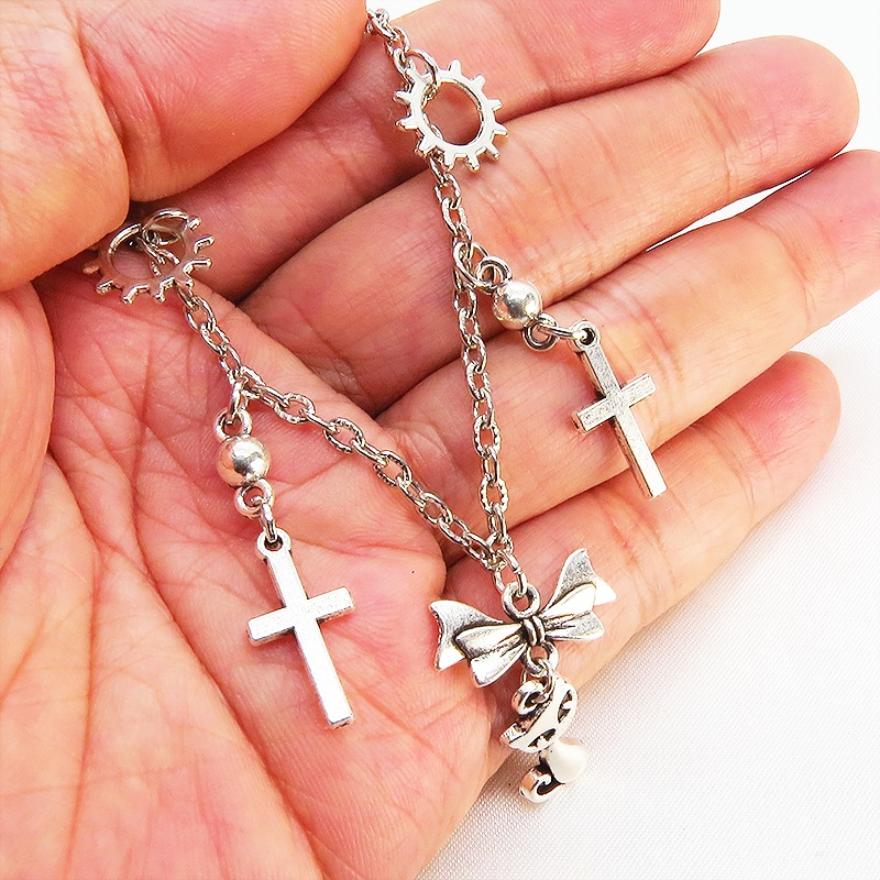 スチームパンク風 猫とロザリオのブレスレット アンティークシルバー 歯車・ギア リボン