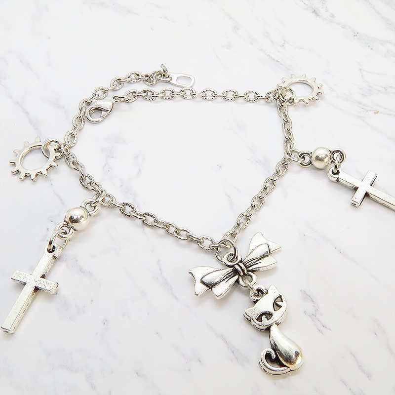 スチームパンク風 猫とロザリオのブレスレット アンティークシルバー 歯車・ギア リボン