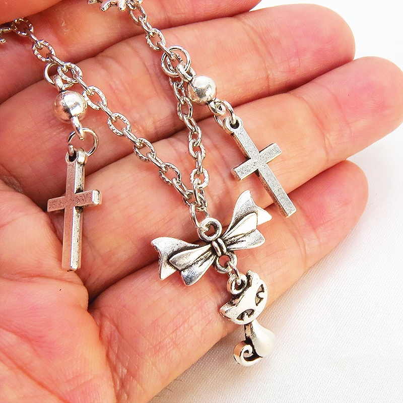 スチームパンク風 猫とロザリオのブレスレット アンティークシルバー 歯車・ギア リボン