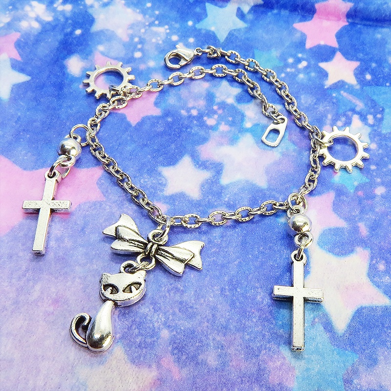 スチームパンク風 猫とロザリオのブレスレット アンティークシルバー 歯車・ギア リボン