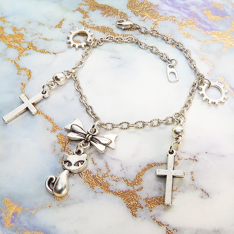 スチームパンク風 猫とロザリオのブレスレット アンティークシルバー 歯車・ギア リボン