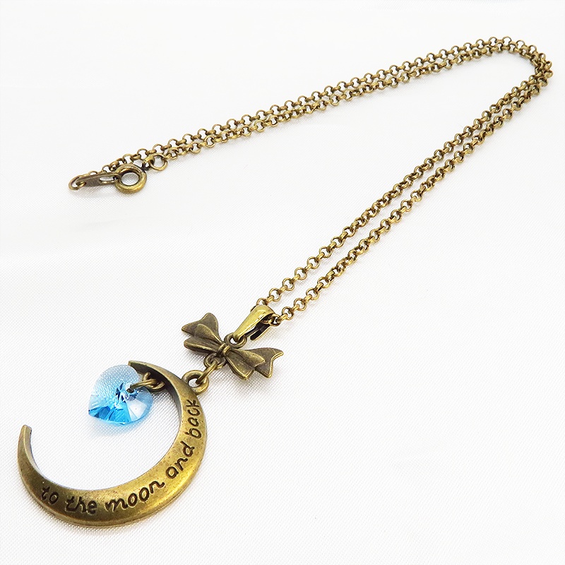 アンティークゴールド 三日月とハートのペンダントネックレス スワロフスキー(アクアマリン) 長さ調整可
