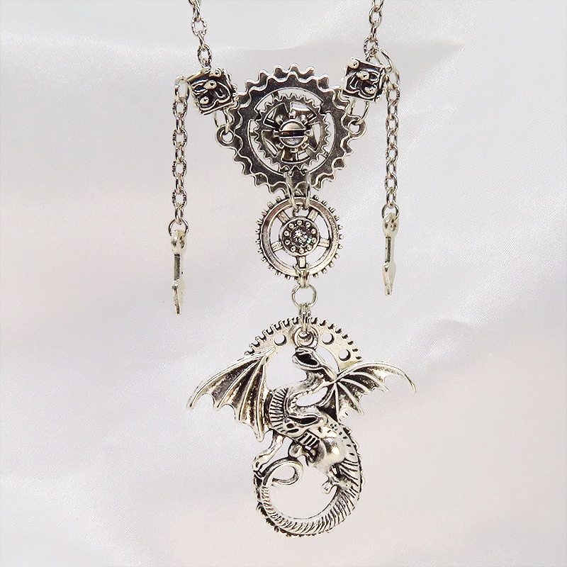 アンティークシルバー ドラゴンと歯車を組合せた多層多重スチームパンクネックレス スワロフスキー 長さ調整可