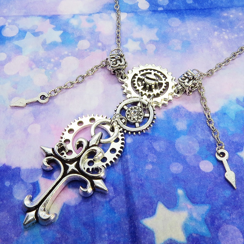 アンティークシルバー ゴシックロザリオ(十字架)と歯車を組合せた多層多重スチームパンクネックレス スワロフスキー 長さ調整可