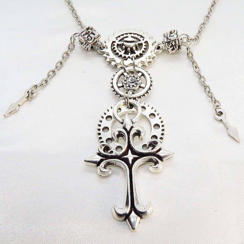 アンティークシルバー ゴシックロザリオ(十字架)と歯車を組合せた多層多重スチームパンクネックレス スワロフスキー 長さ調整可