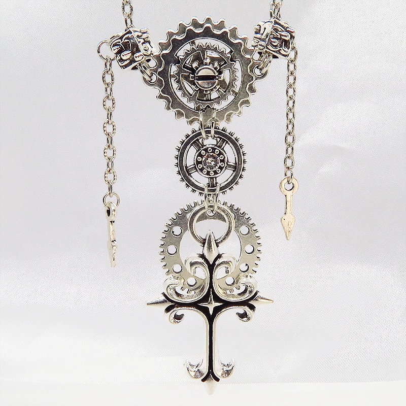 アンティークシルバー ゴシックロザリオ(十字架)と歯車を組合せた多層多重スチームパンクネックレス スワロフスキー 長さ調整可