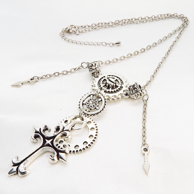 アンティークシルバー ゴシックロザリオ(十字架)と歯車を組合せた多層多重スチームパンクネックレス スワロフスキー 長さ調整可