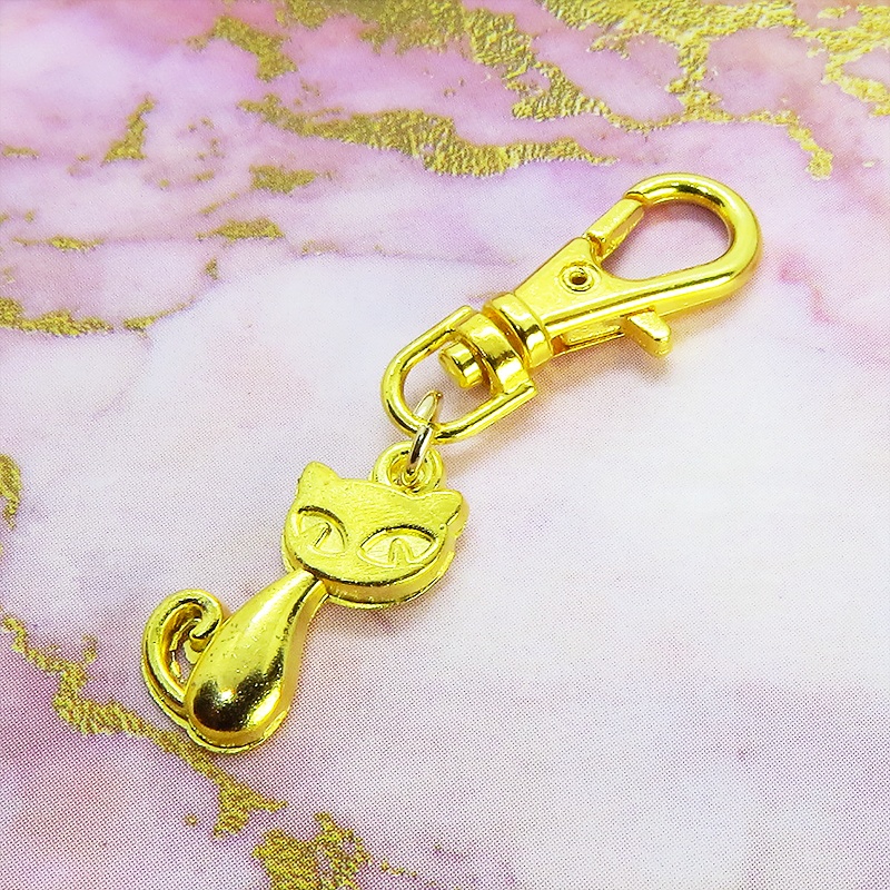 ゴールドカラー 可愛い猫のファスナーチャーム キーホルダー バッグチャーム 金具変更可