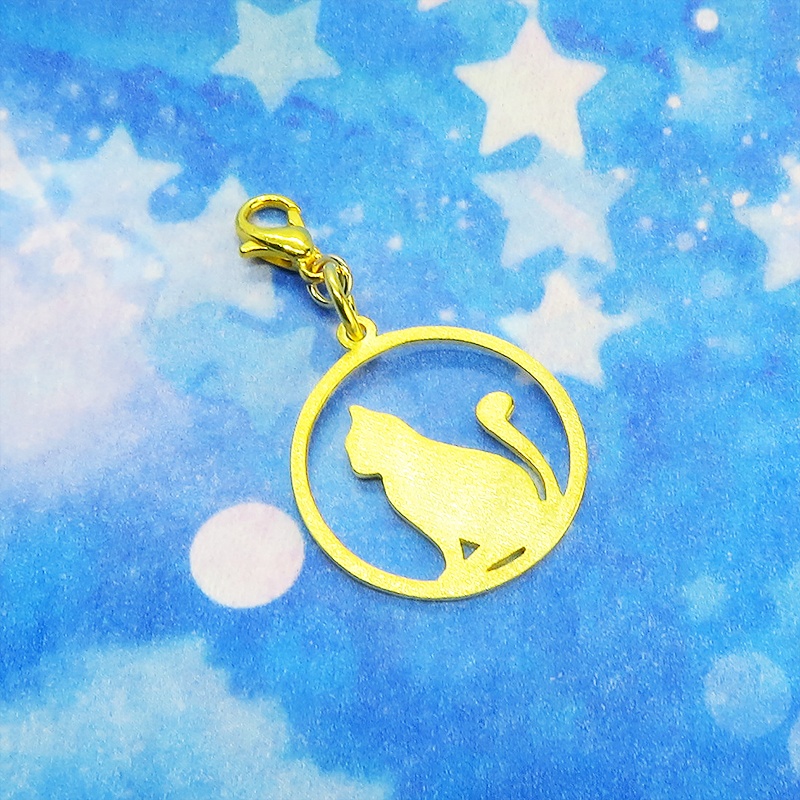 スマホ・マスクチャーム 満月と猫 ゴールドキャットムーン シルバー925 18Kゴールドコーティング ジャックピン追加可