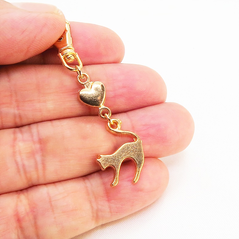 マットゴールドの跳ね猫とハートの大人可愛いファスナーチャーム キーホルダー マスクチャーム