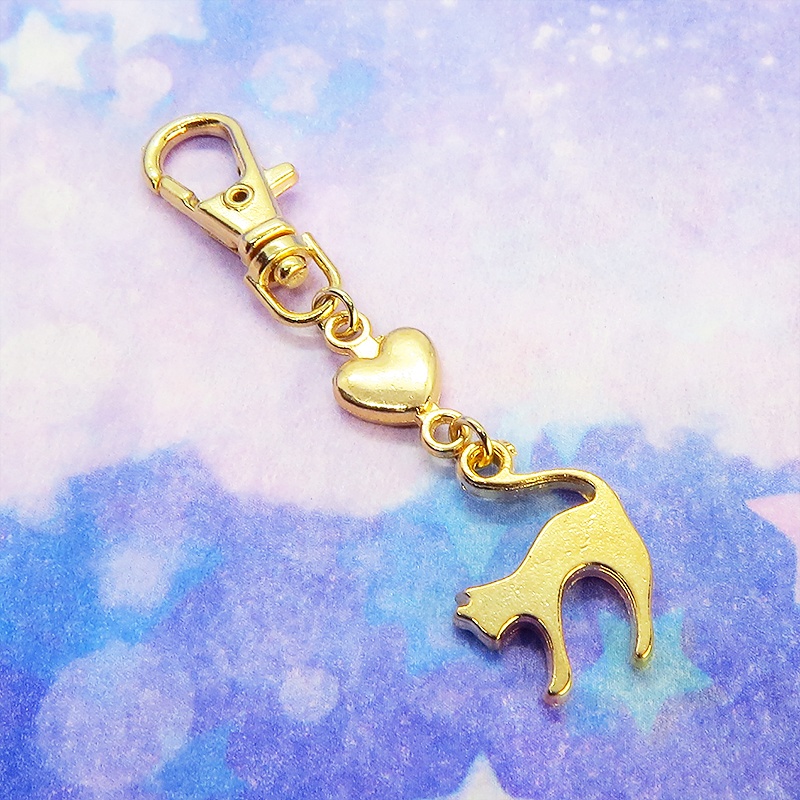 マットゴールドの跳ね猫とハートの大人可愛いファスナーチャーム キーホルダー マスクチャーム