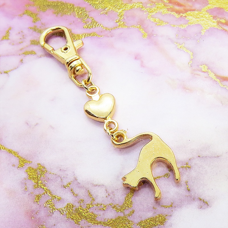 マットゴールドの跳ね猫とハートの大人可愛いファスナーチャーム キーホルダー マスクチャーム