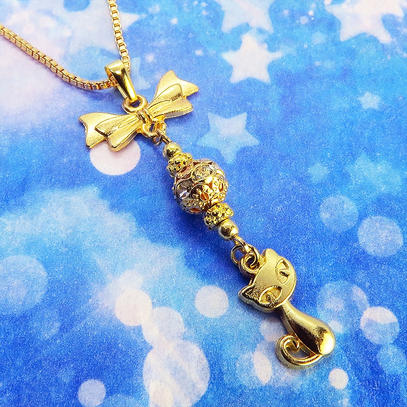 マットゴールド 猫とリボンのネックレス ガラス入りメタルビーズ ベネチアンチェーン アジャスター可