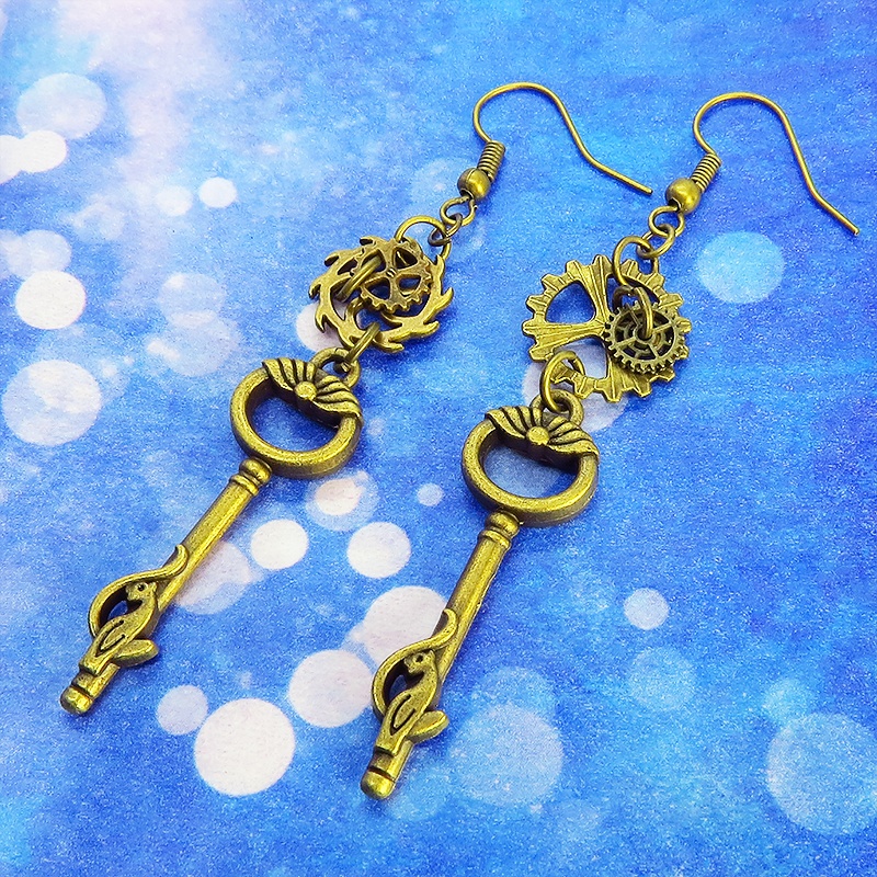 スチームパンク風 猫と歯車と鍵 ロングピアス アシンメトリーピアス アンティークカラーVol.1
