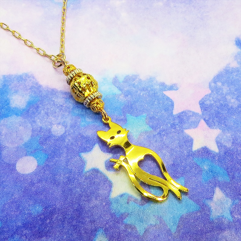 ゴールドカラー スマートな猫シルエットモチーフと透かしメタルビーズのネックレス 長さ調整可 アジャスター可