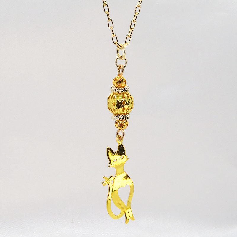 ゴールドカラー スマートな猫シルエットモチーフと透かしメタルビーズのネックレス 長さ調整可 アジャスター可