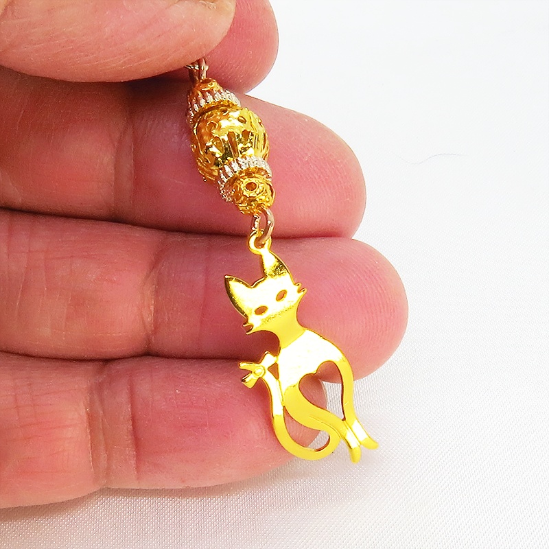 ゴールドカラー スマートな猫シルエットモチーフと透かしメタルビーズのネックレス 長さ調整可 アジャスター可