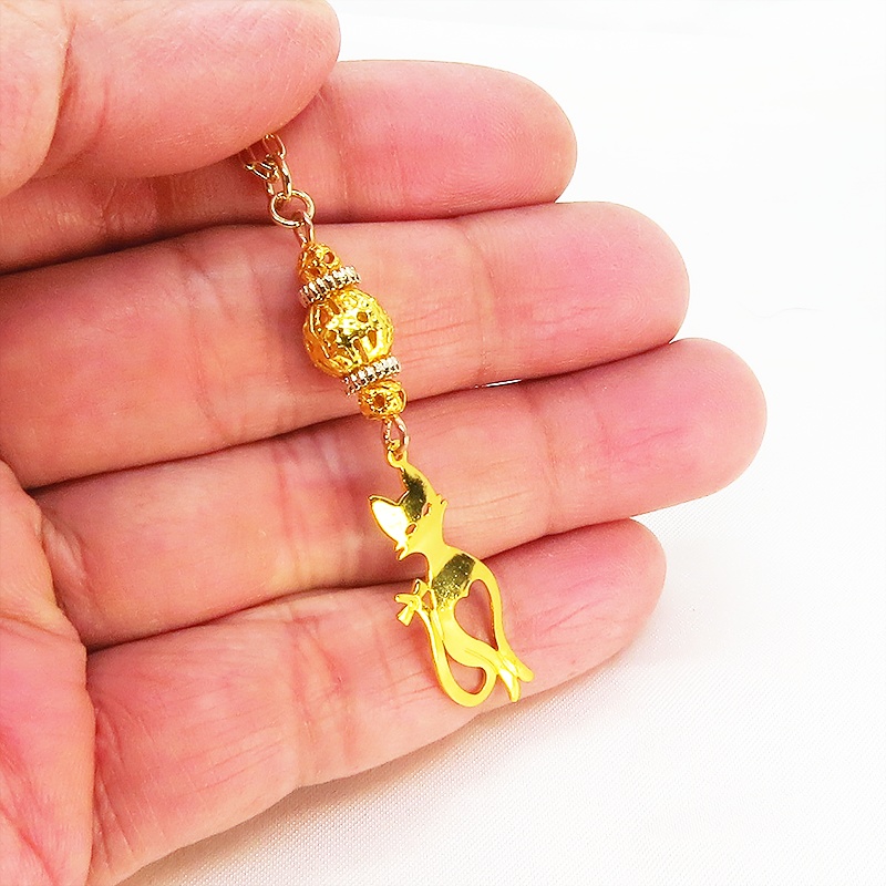 ゴールドカラー スマートな猫シルエットモチーフと透かしメタルビーズのネックレス 長さ調整可 アジャスター可