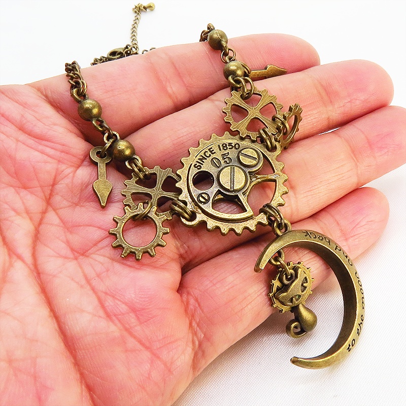 アンティークゴールド スチームパンク風 猫と三日月と歯車の多層構造ネックレスVer.01 長さ調整可 アジャスター付