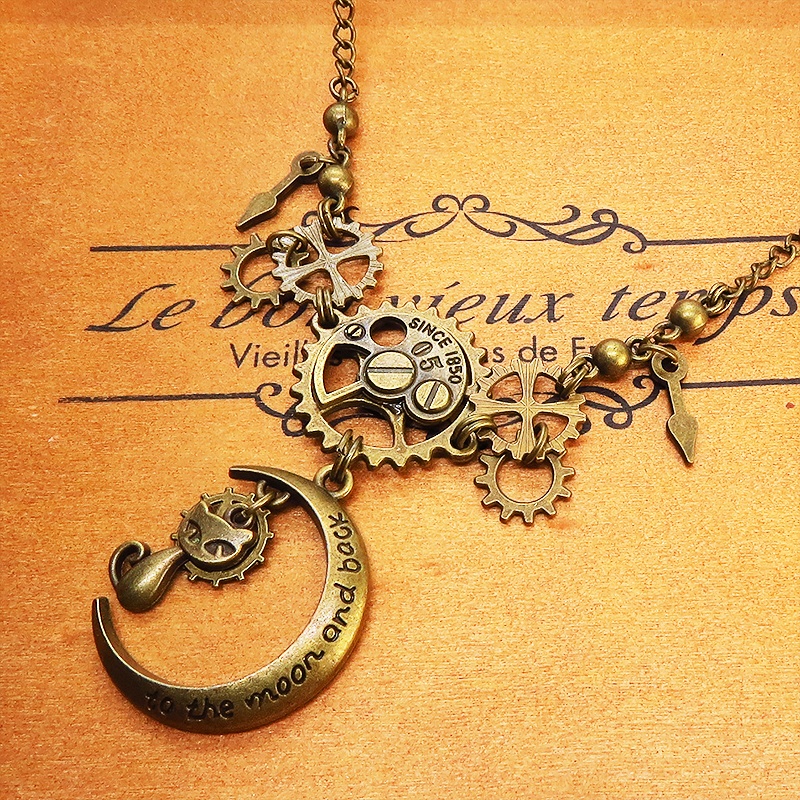 アンティークゴールド スチームパンク風 猫と三日月と歯車の多層構造ネックレスVer.01 長さ調整可 アジャスター付