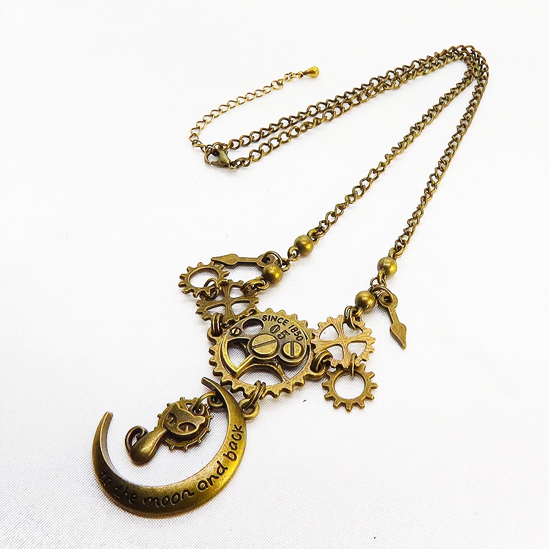 アンティークゴールド スチームパンク風 猫と三日月と歯車の多層構造ネックレスVer.01 長さ調整可 アジャスター付