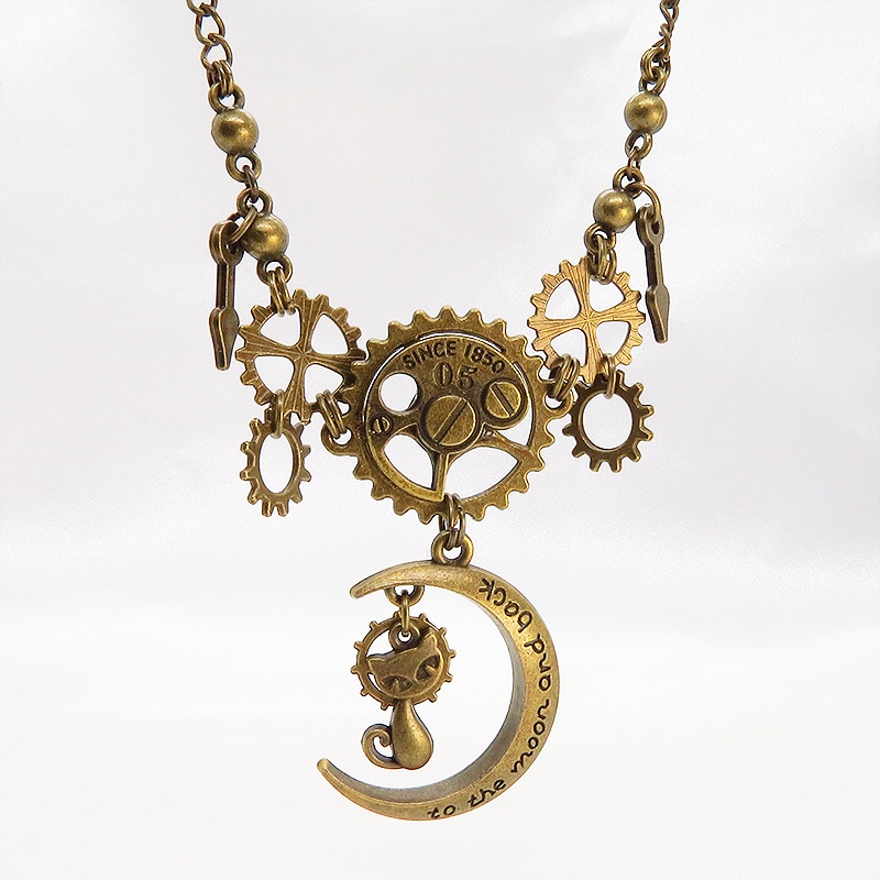 アンティークゴールド スチームパンク風 猫と三日月と歯車の多層構造ネックレスVer.01 長さ調整可 アジャスター付