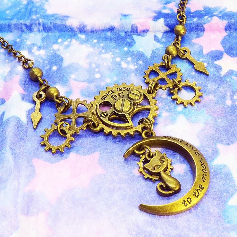 アンティークゴールド スチームパンク風 猫と三日月と歯車の多層構造ネックレスVer.01 長さ調整可 アジャスター付